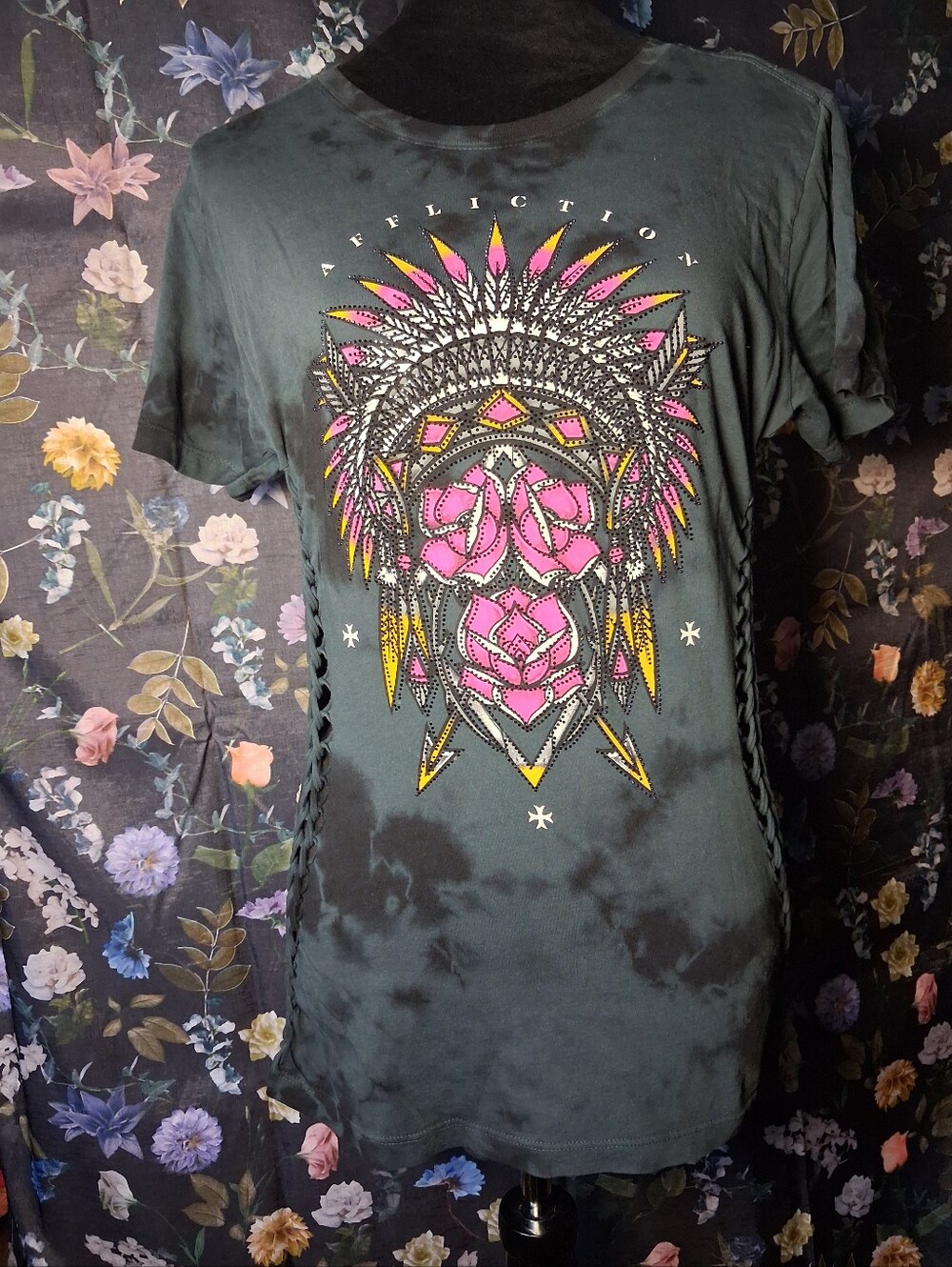 Black Label Affliction Charcoal Graphic Tee with Pink & Yellow Headdress